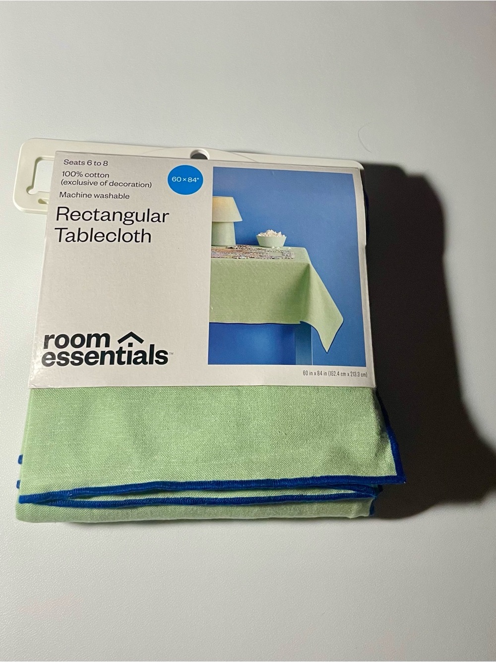 Room Essentials Light Green Tablecloth with Blue Edge 60”x84” NWT Home Decor